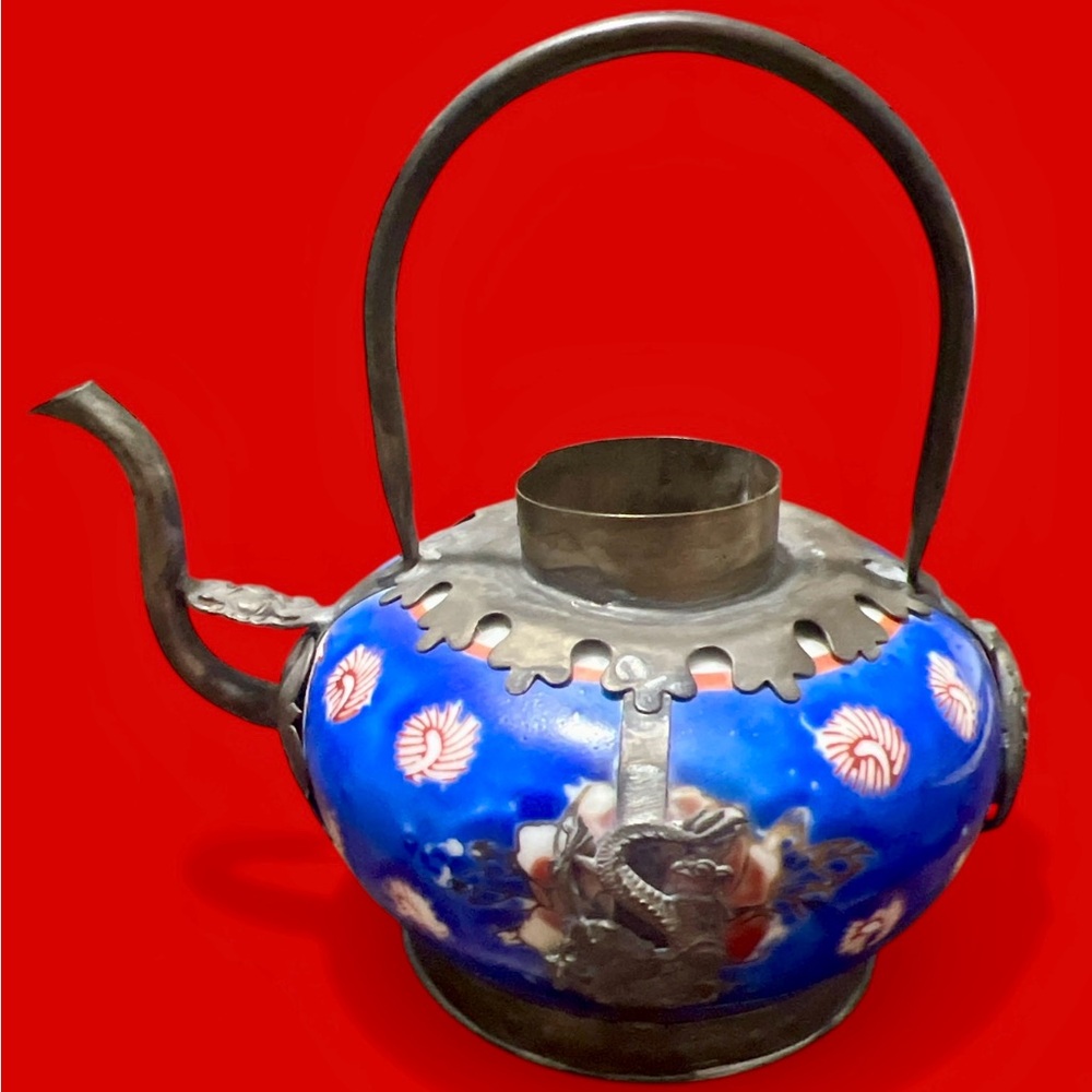 Vintage Asian Style Enamel Teapot Brass Dragon Lotus Decorative Collectible
